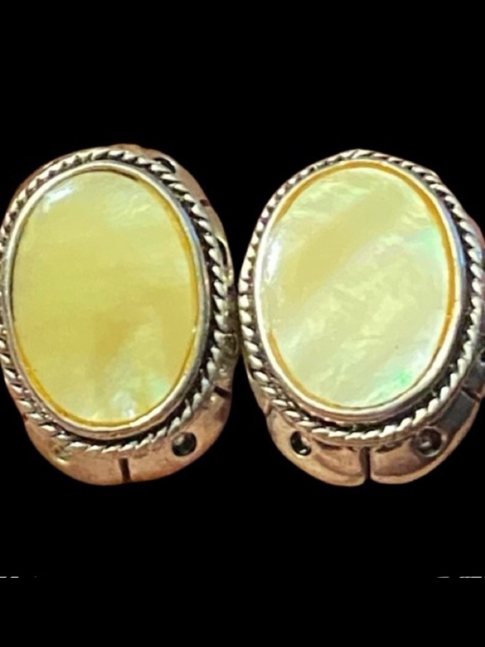 Vtg Silver Metal Pierced Stud Earrings Mother Of Pearl Cabochon Stamped “Best”